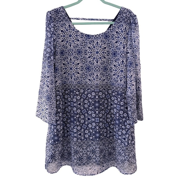 SPEECHLESS • Blue Geometric Floral Print Sheer Long Sleeve Dress - Picture 8 of 9
